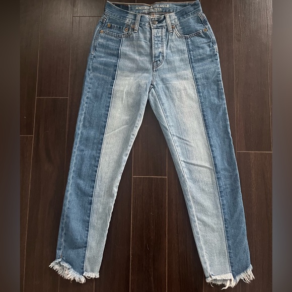 AMERICAN EAGLE Vintage Hi-Rise two-tone Jeans Button fly Chewed hem Rigid denim - Picture 2 of 8